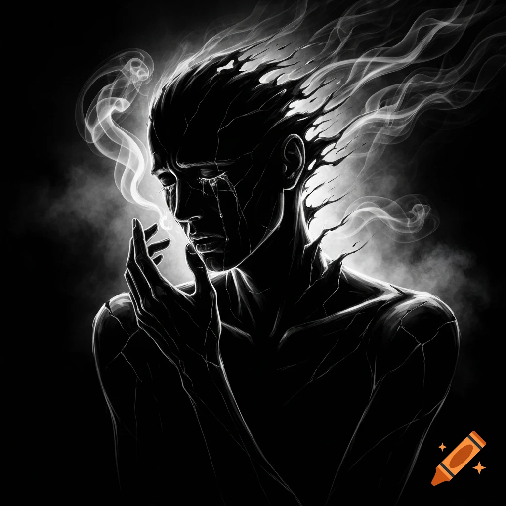 A stylized, monochrome image of a figure with a cracked, dark appearance, crying with smoke flowing from their head and around them, depicting emotional pain.