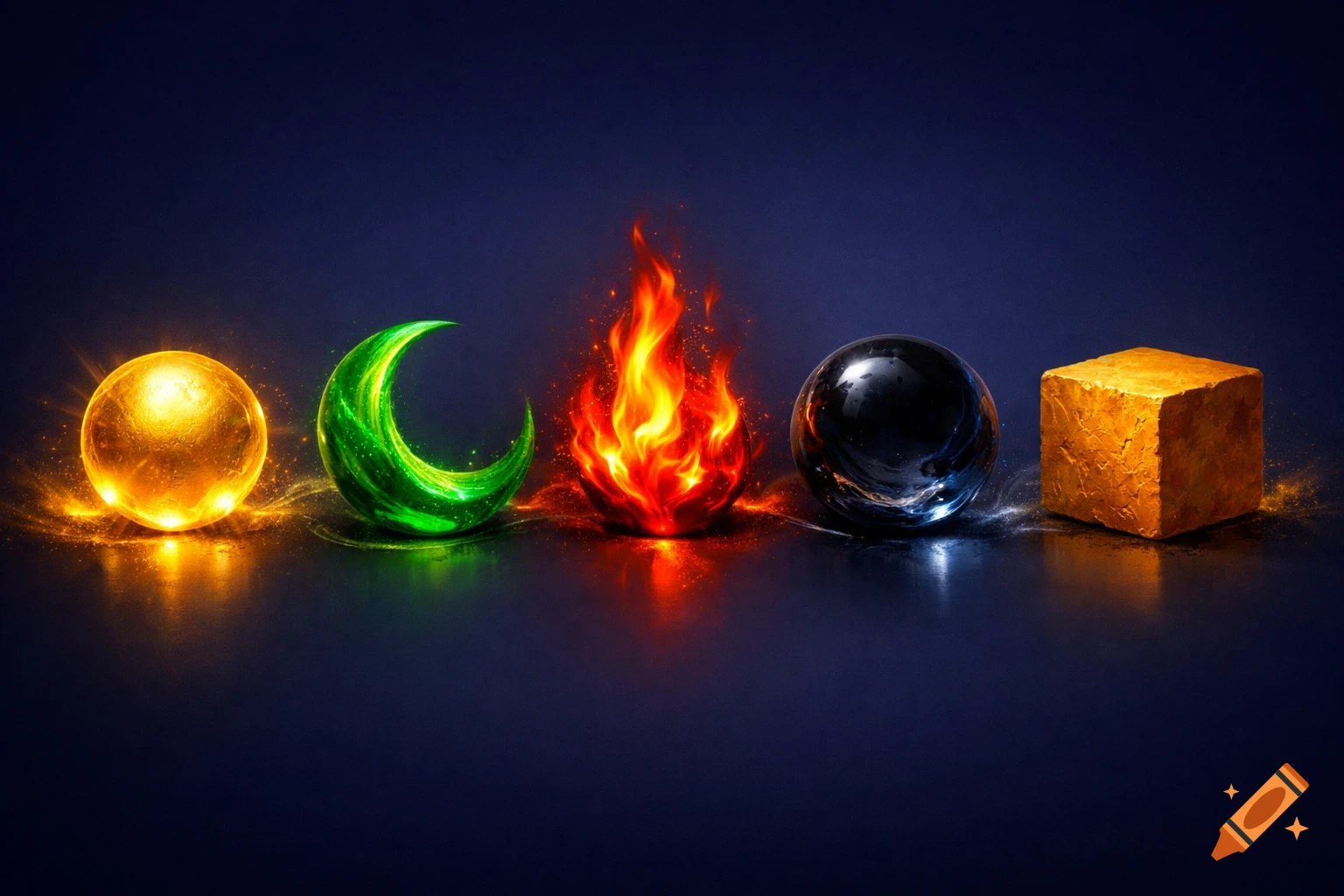 Five glowing elemental objects: a golden sphere, a green crescent, a fiery red sphere, a dark reflective sphere, and a golden textured cube, all arranged on a dark reflective surface.