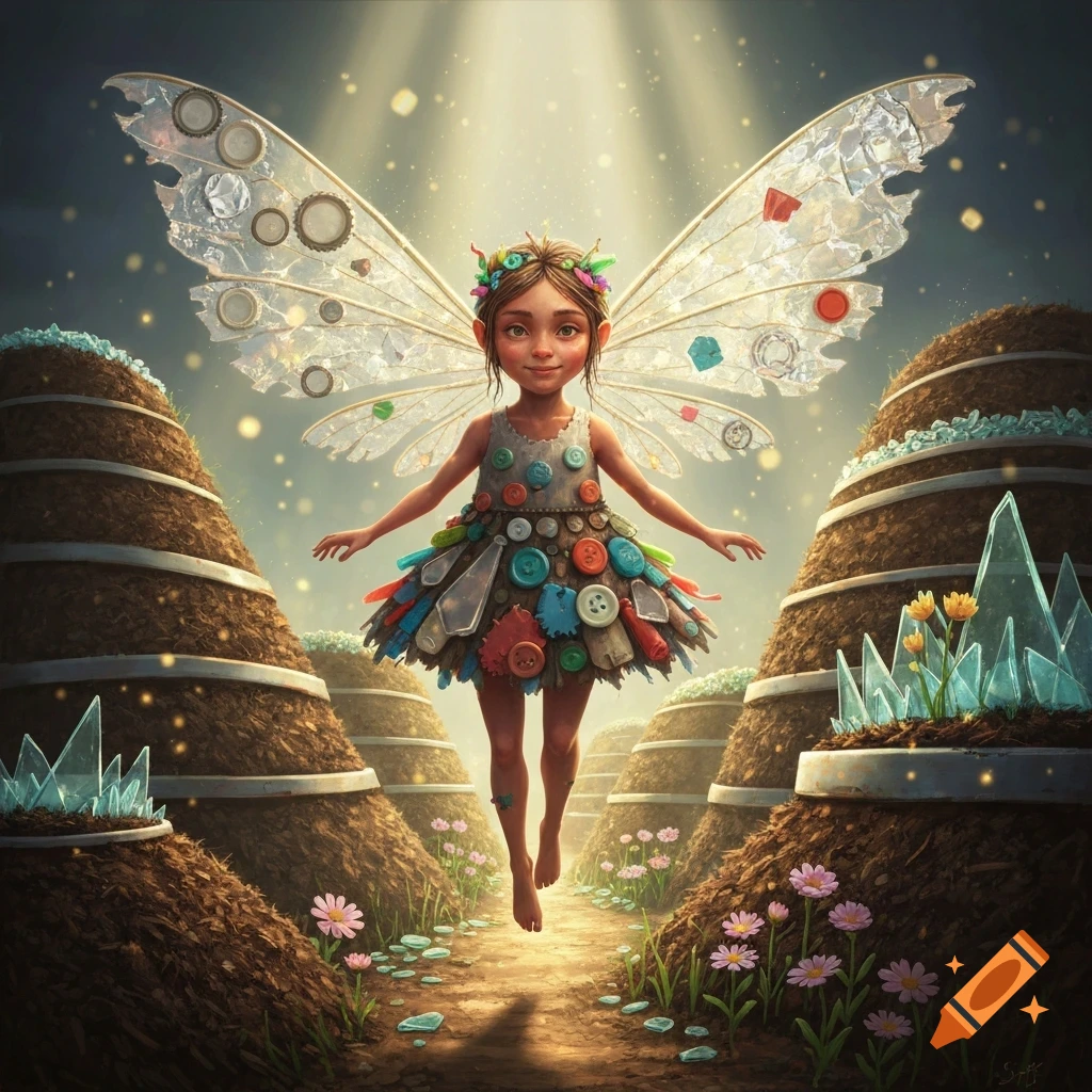 A cheerful fairy with wings and a dress made of recycled materials floats in a sunlit path between compost mounds.