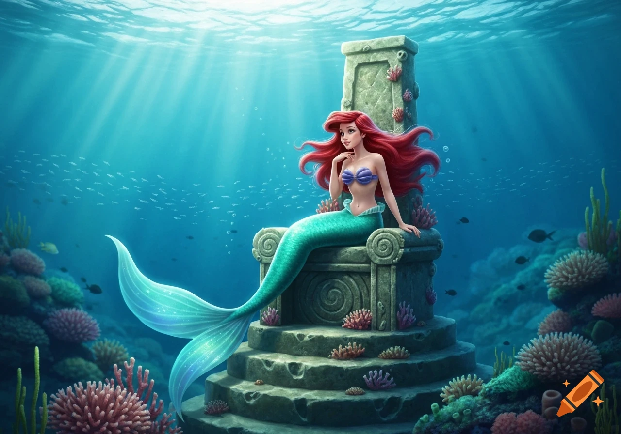 A red-haired mermaid with a green tail and purple shell top sits on an ornate stone throne underwater, surrounded by coral.