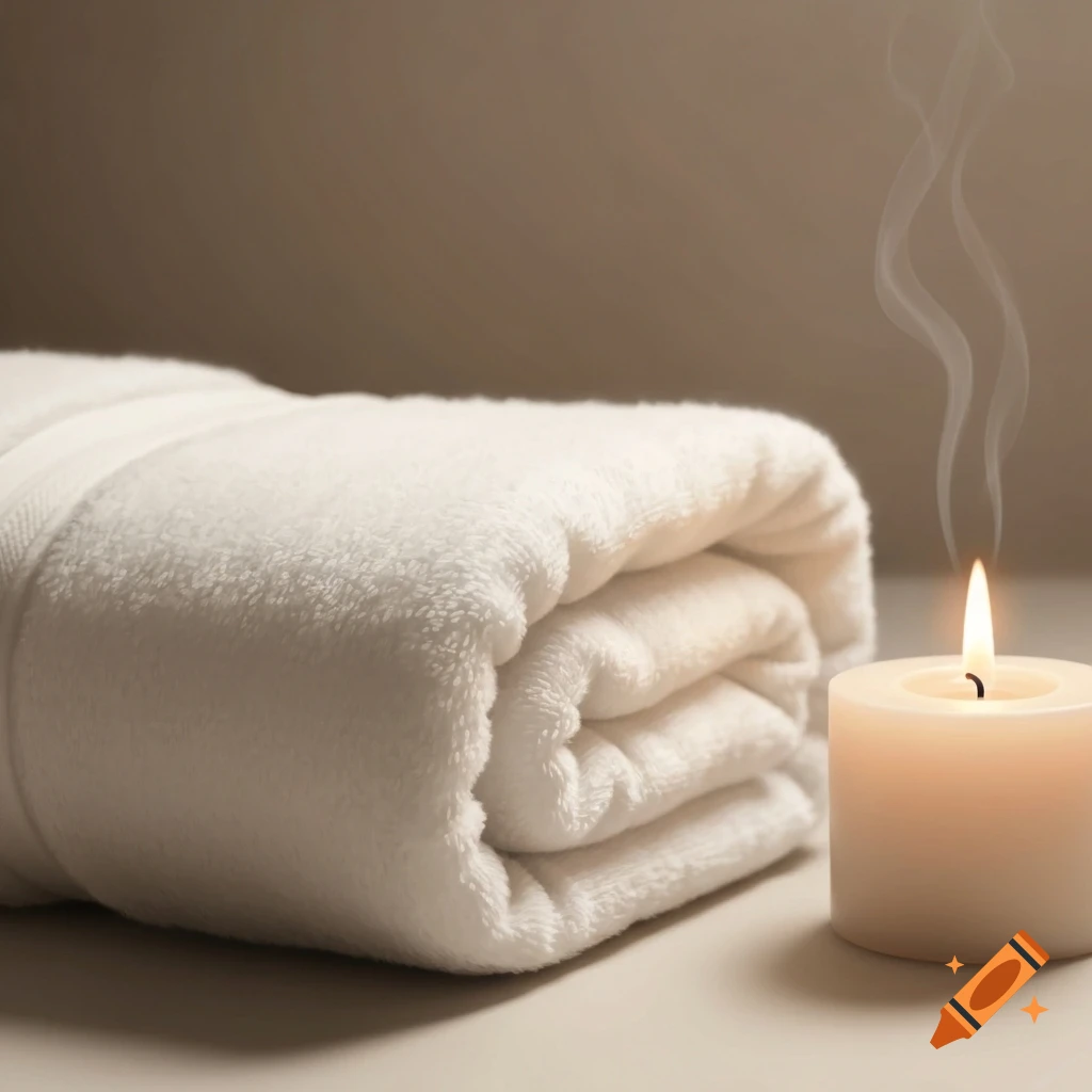 A close-up of a rolled white towel next to a lit candle with smoke, creating a calm spa aesthetic.