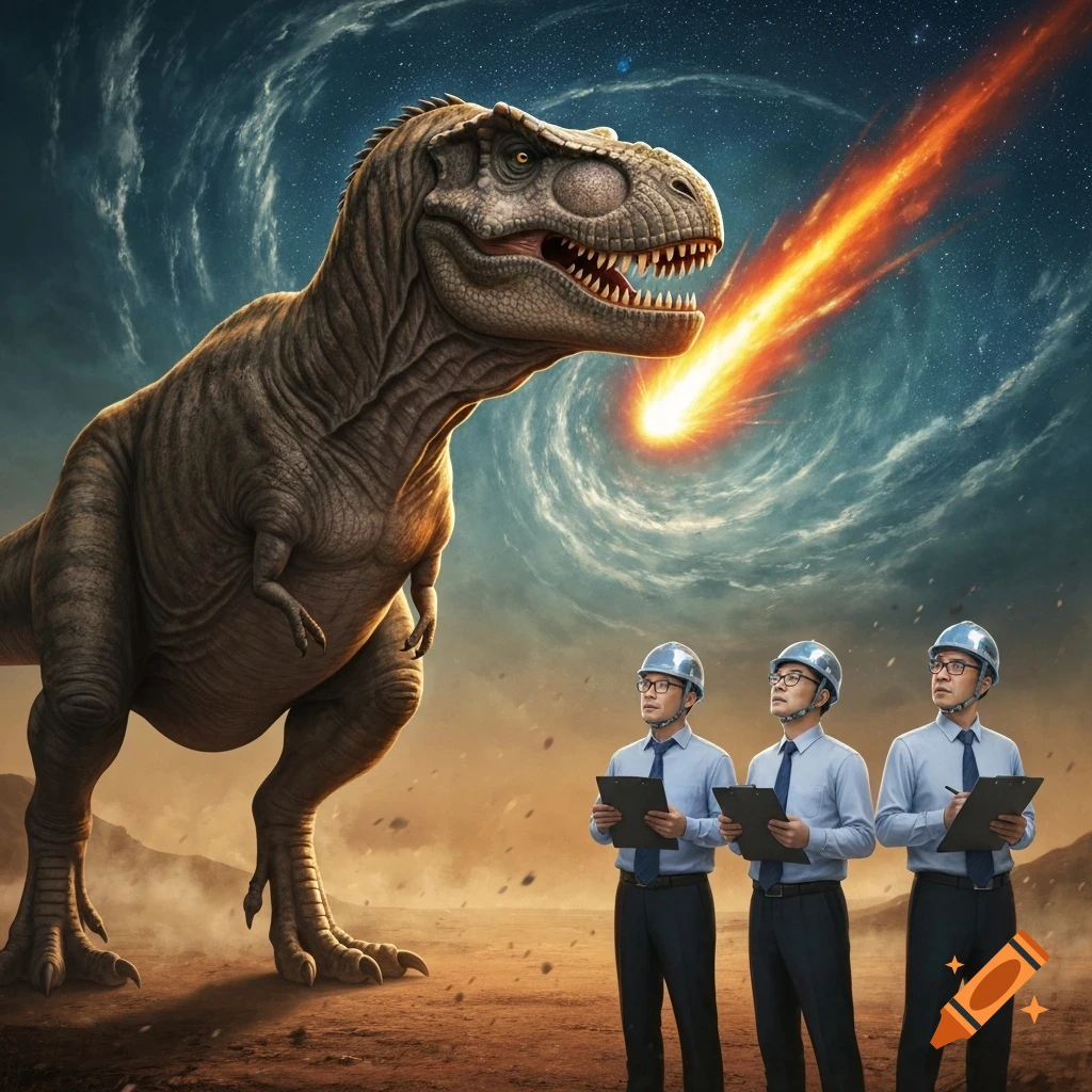 A massive T-Rex watches a fiery meteor streak across a swirling sky as three men in hard hats and glasses stand with clipboards, looking up.