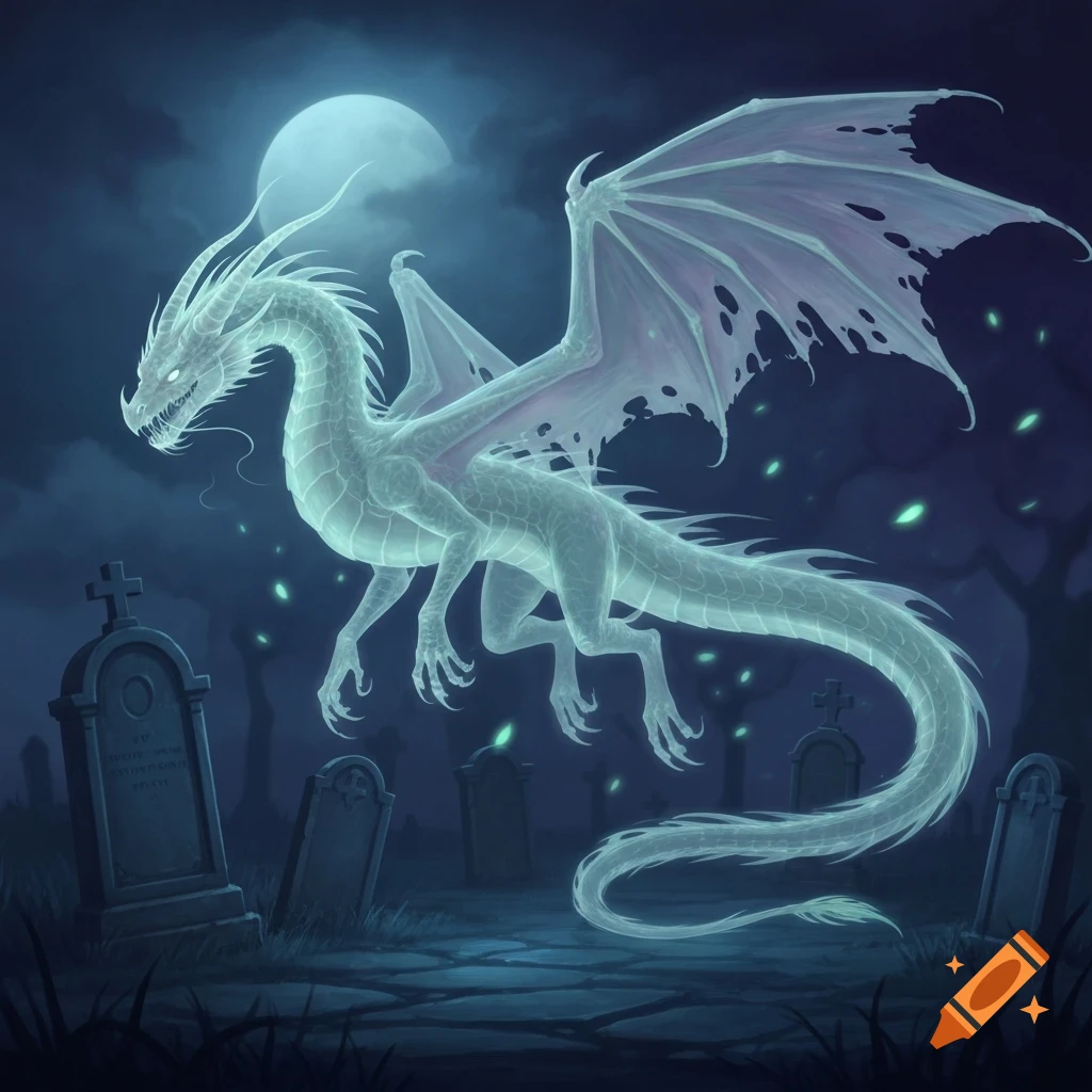 A glowing, translucent ghost dragon with tattered wings flies over a moonlit graveyard with tombstones under a full moon.