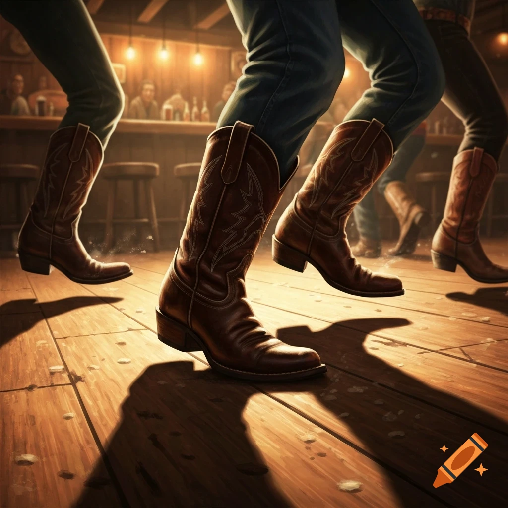 People in cowboy boots line dancing on a wooden floor in a dimly lit bar, photorealistic.
