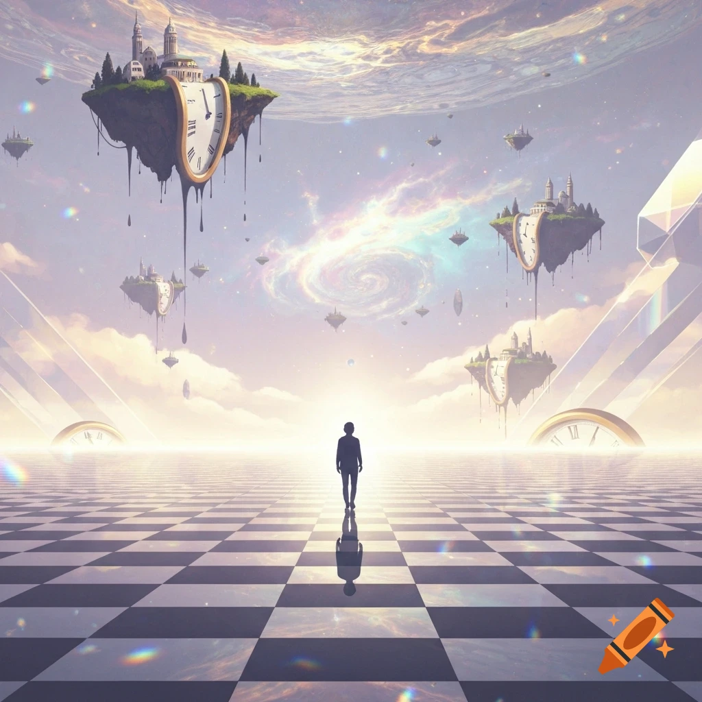 A lone figure walks on a checkered plane towards a glowing horizon under a surreal sky with floating islands featuring melting clocks and castles.