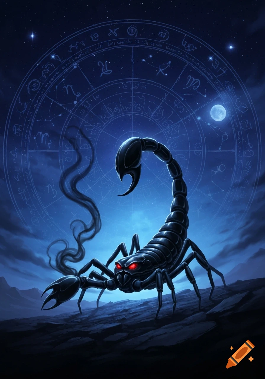 A stylized black scorpion with red eyes emits black smoke, standing on rocky ground under a dark blue sky with a full moon and a glowing zodiac wheel.
