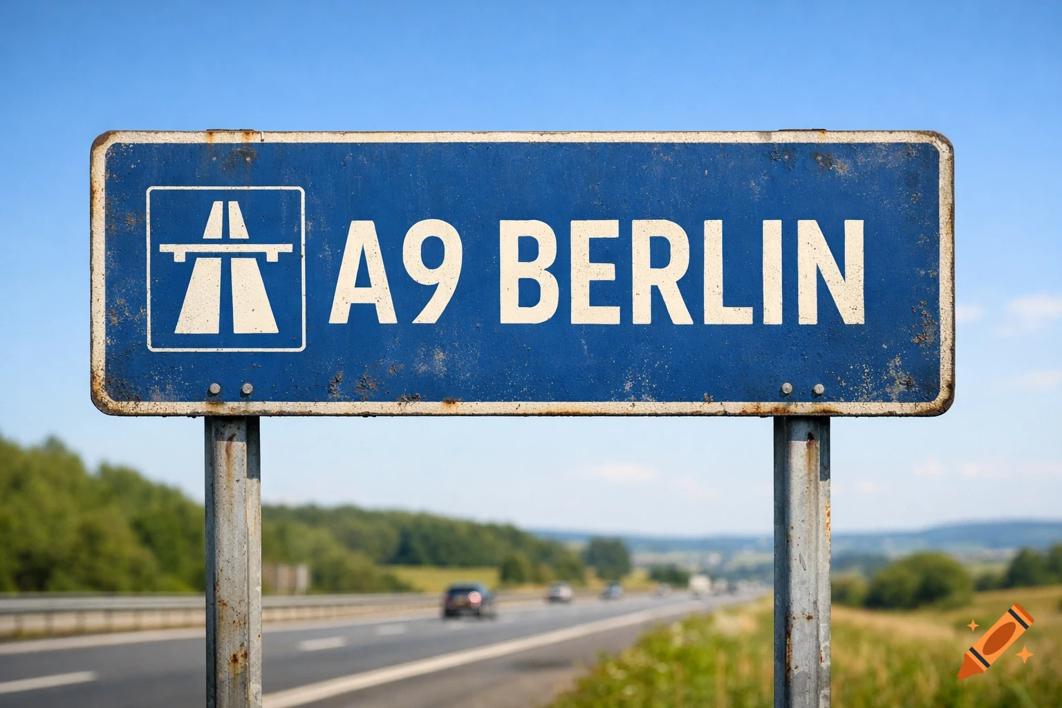 A blue and white German Autobahn sign for A9 Berlin stands on two rusty poles beside a highway on a sunny day.
