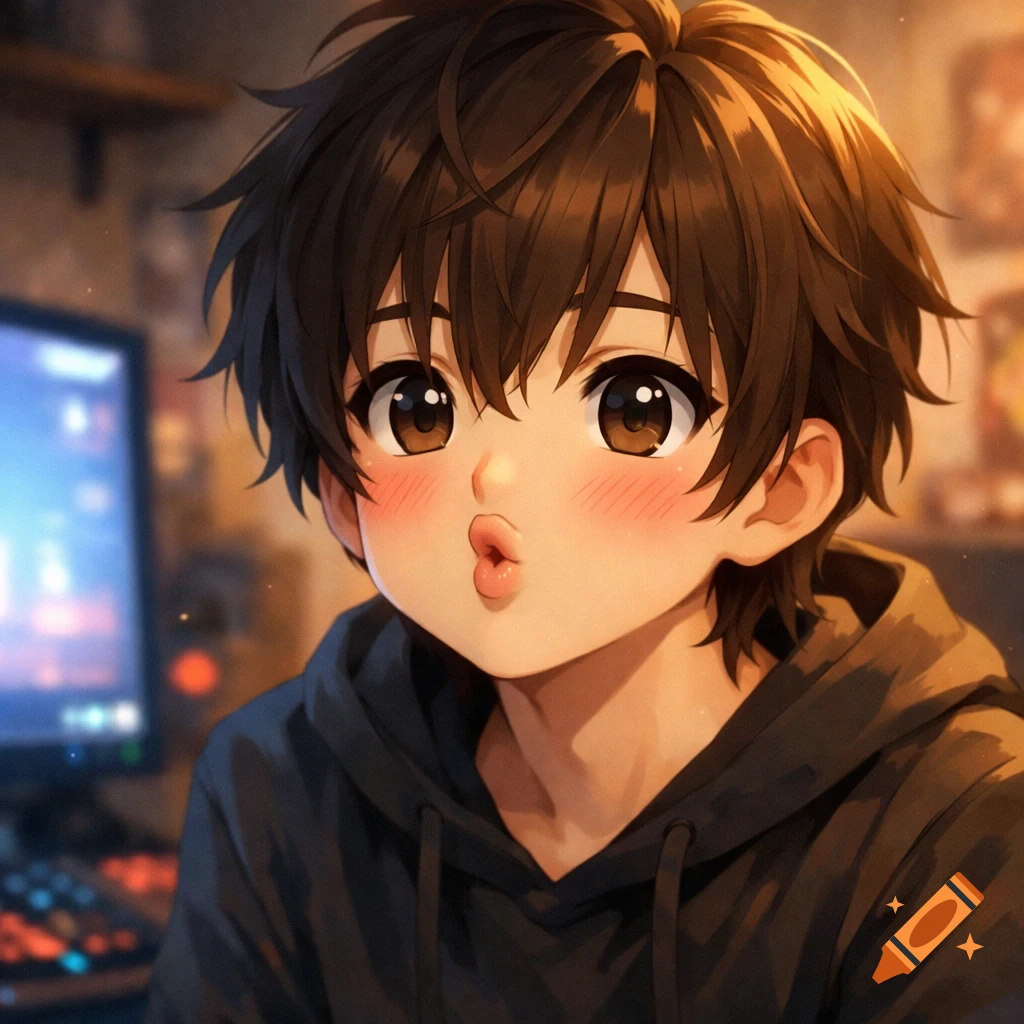 Anime boy with brown hair and large eyes, blushing and making a pouty face, wearing a dark hoodie in front of a computer.