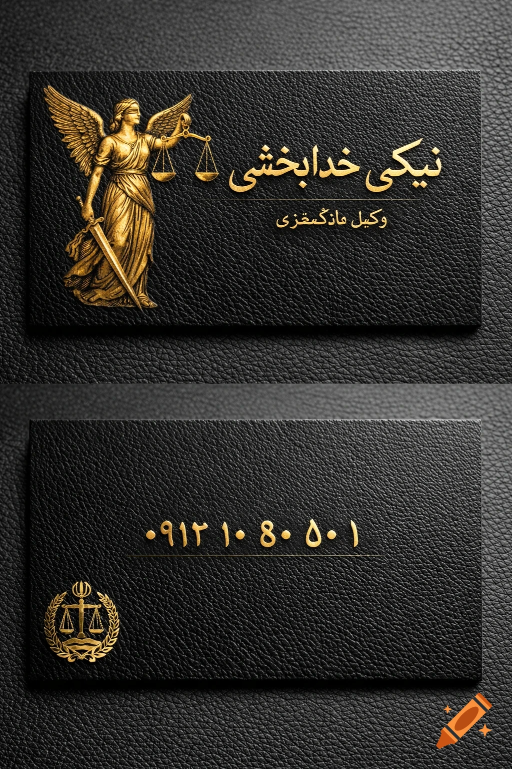 Luxury Iranian lawyer business card on black textured leather. Front features a gold Lady Justice, Persian name, and lawyer title. Back displays a gold phone number and Bar Association emblem.