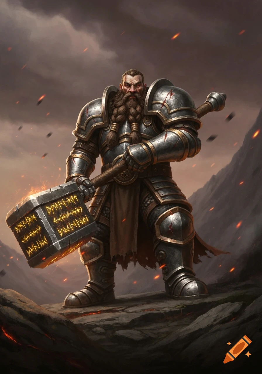 A mighty dwarf warrior in plate armor, with a braided beard, holding a large maul with glowing runes, standing on a rocky battlefield.