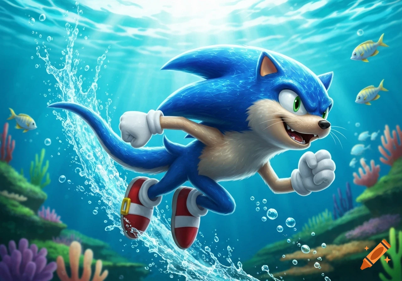 Digital art of Sonic the Hedgehog depicted as an otter, swimming through a vibrant underwater coral reef with fish, creating a splash trail.