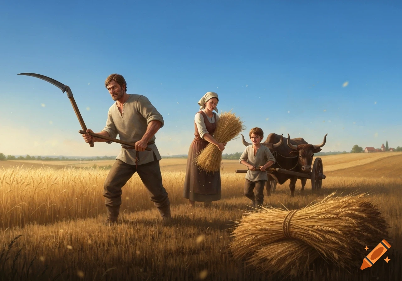 A family harvests wheat in a sunny field with an ox cart, in a historical, painterly style.