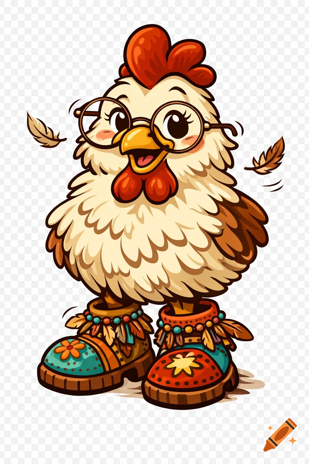 A whimsical cartoon hen wearing round glasses and colorful boho-style shoes, smiling with feathers floating around it.
