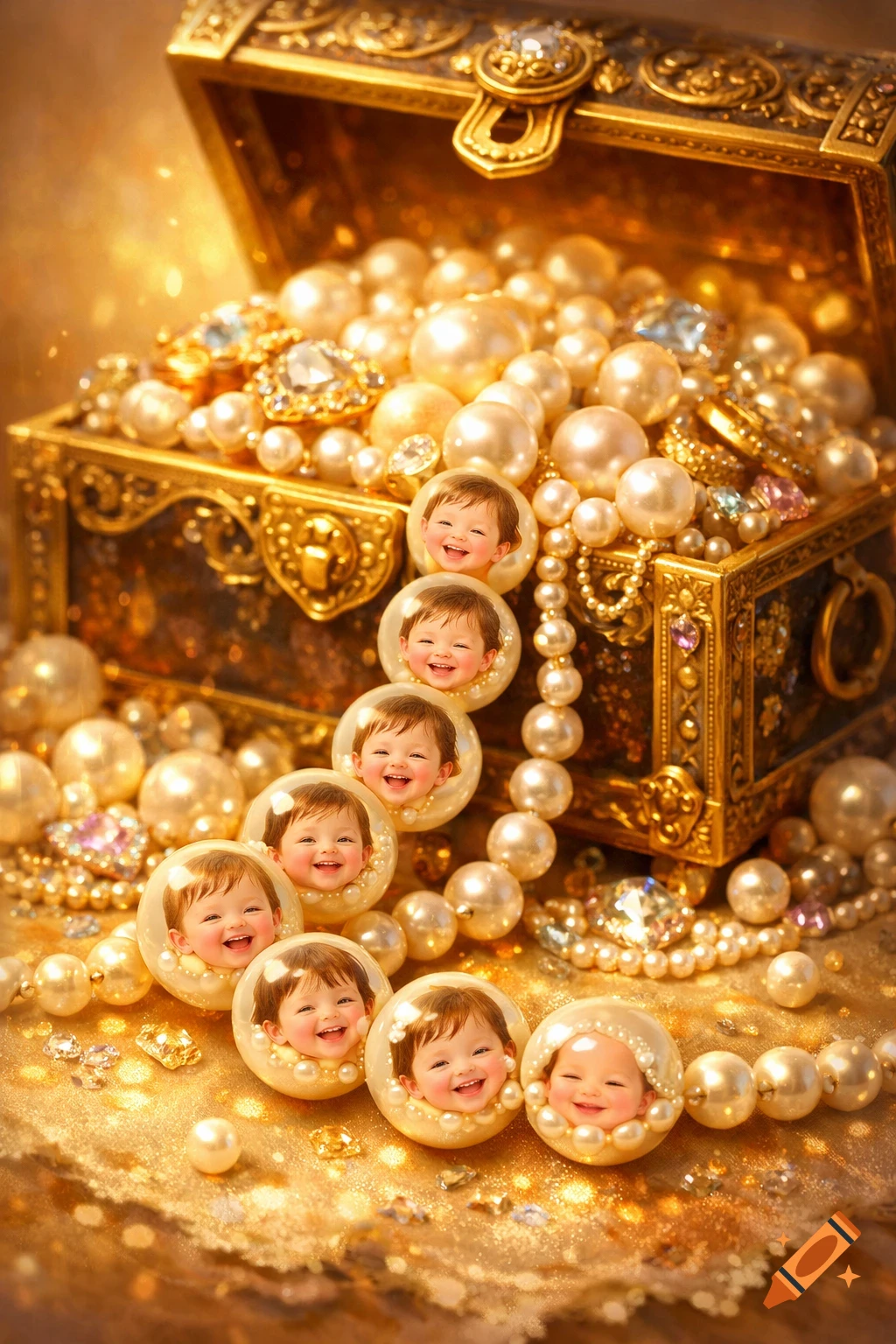 Golden, ornate treasure chest open and overflowing with pearls and jewels; a string of pearls features smiling baby faces.