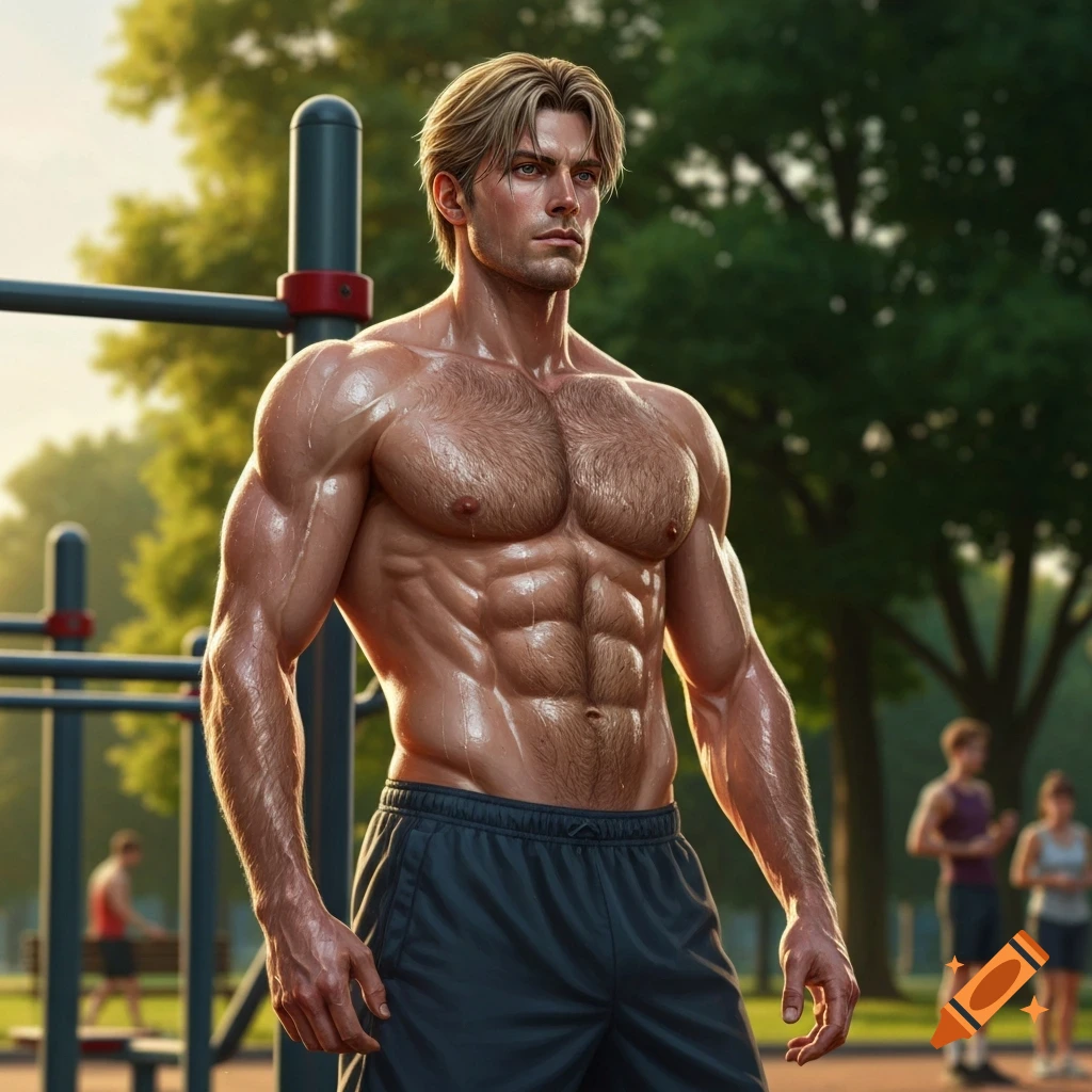 A muscular, shirtless man with body hair, sweating after a workout in an outdoor park gym, photorealistic style.