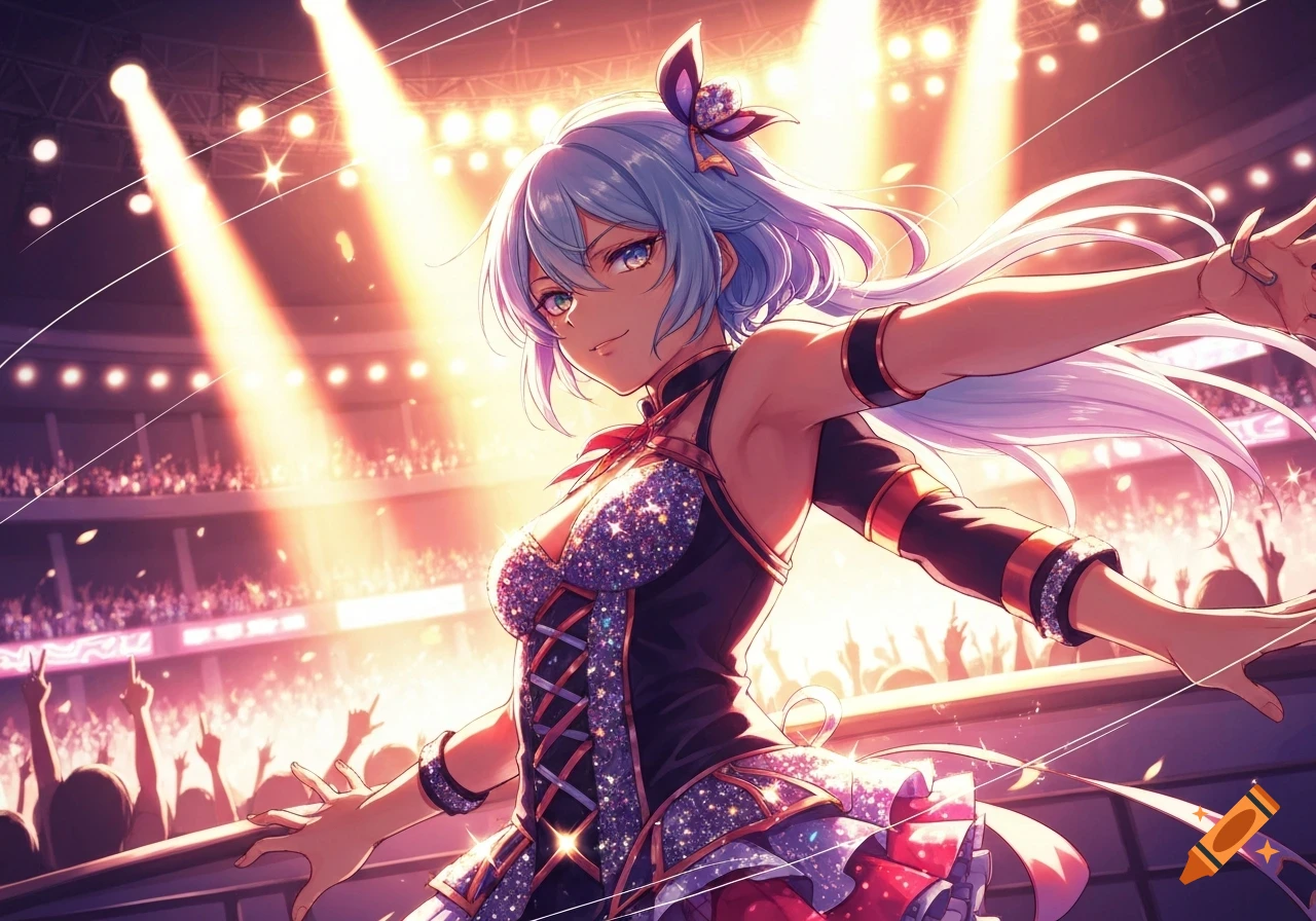 An anime girl with light blue hair in a sparkly, dark outfit performs on a brightly lit stage in front of a cheering crowd.