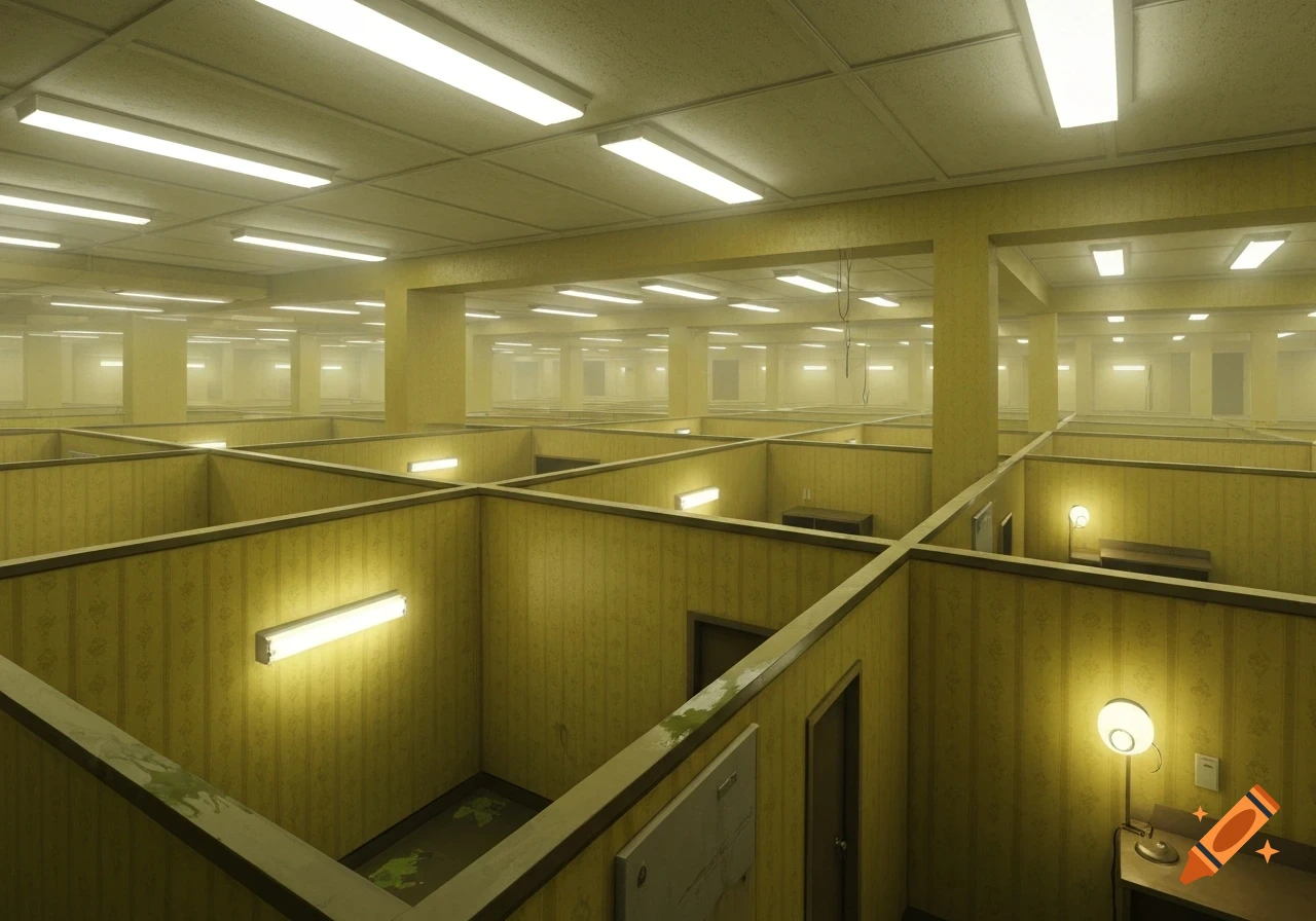 A vast, empty office space with endless yellow cubicles and fluorescent lighting.
