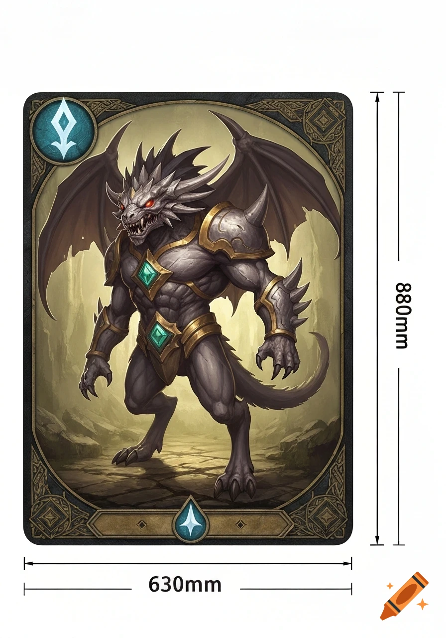 A fantasy trading card featuring a grey-scaled, muscular dragon-like monster with large wings, red eyes, and golden armor accents, set against a desolate, rocky background.