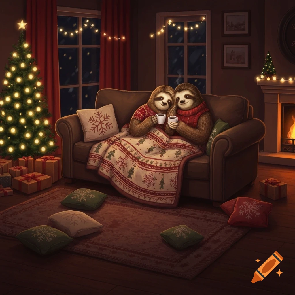 Illustration of two sloths cuddling on a couch under a festive blanket, drinking mugs in a cozy Christmas living room.