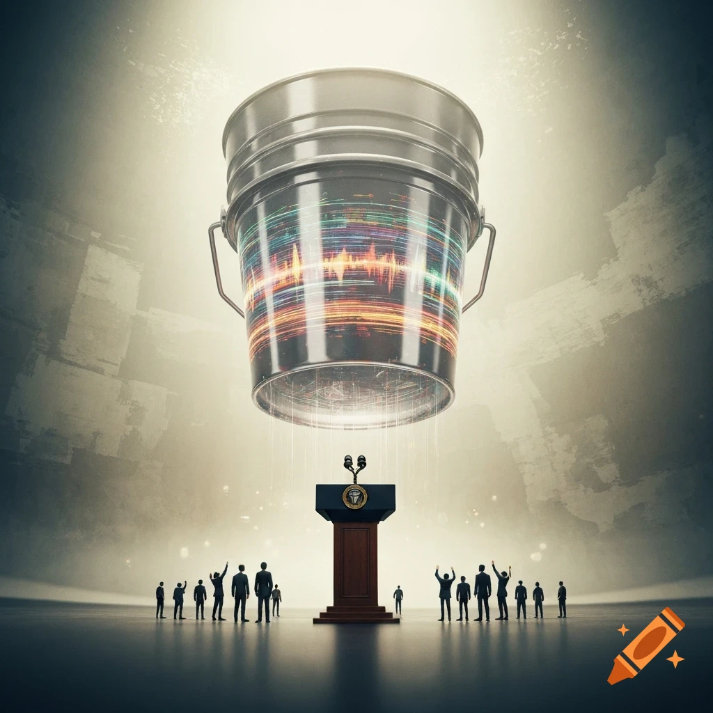 A transparent bucket filled with colorful sound waves floats above a presidential podium, surrounded by silhouetted figures looking up.