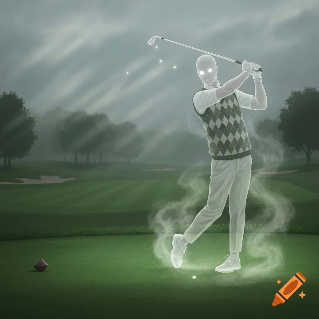 A stylized image of a translucent ghost in golfing attire swinging a club on a foggy golf course, with glowing white eyes and a misty aura.