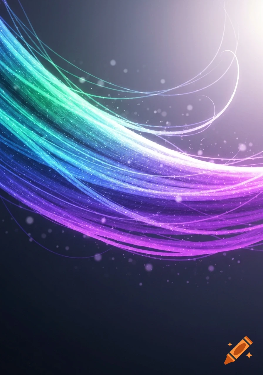 A vibrant abstract background with swirling blue, green, and purple glowing light trails and sparkles against a dark gradient.
