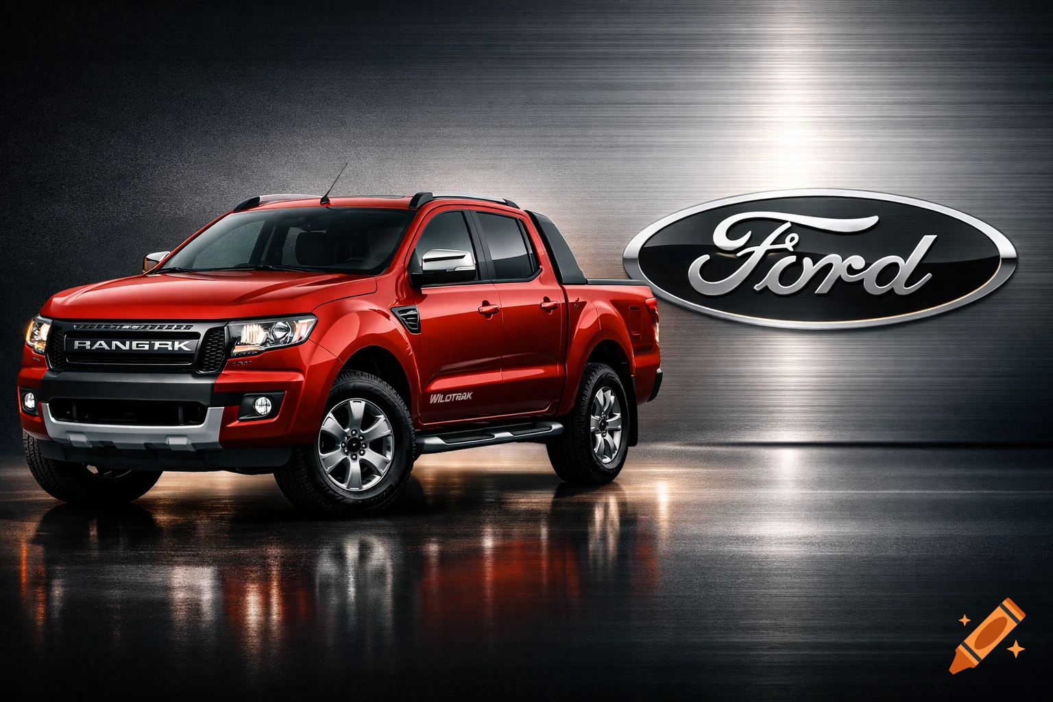 A red Ford Ranger Wildtrak pickup truck with a large Ford logo against a brushed metallic background.