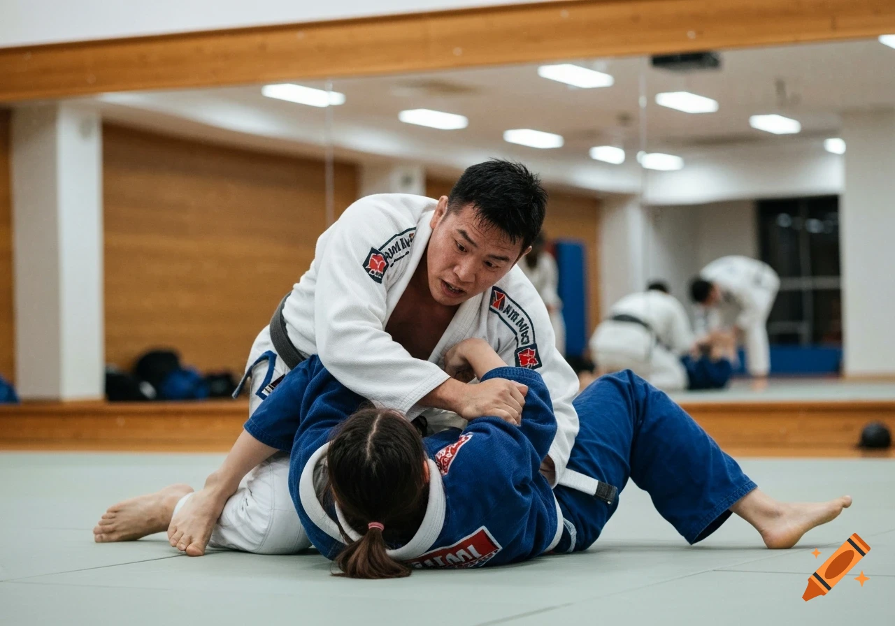 Two people in gis grapple on a mat during a Brazilian Jiu-Jitsu practice, with reflections in mirrors behind them.