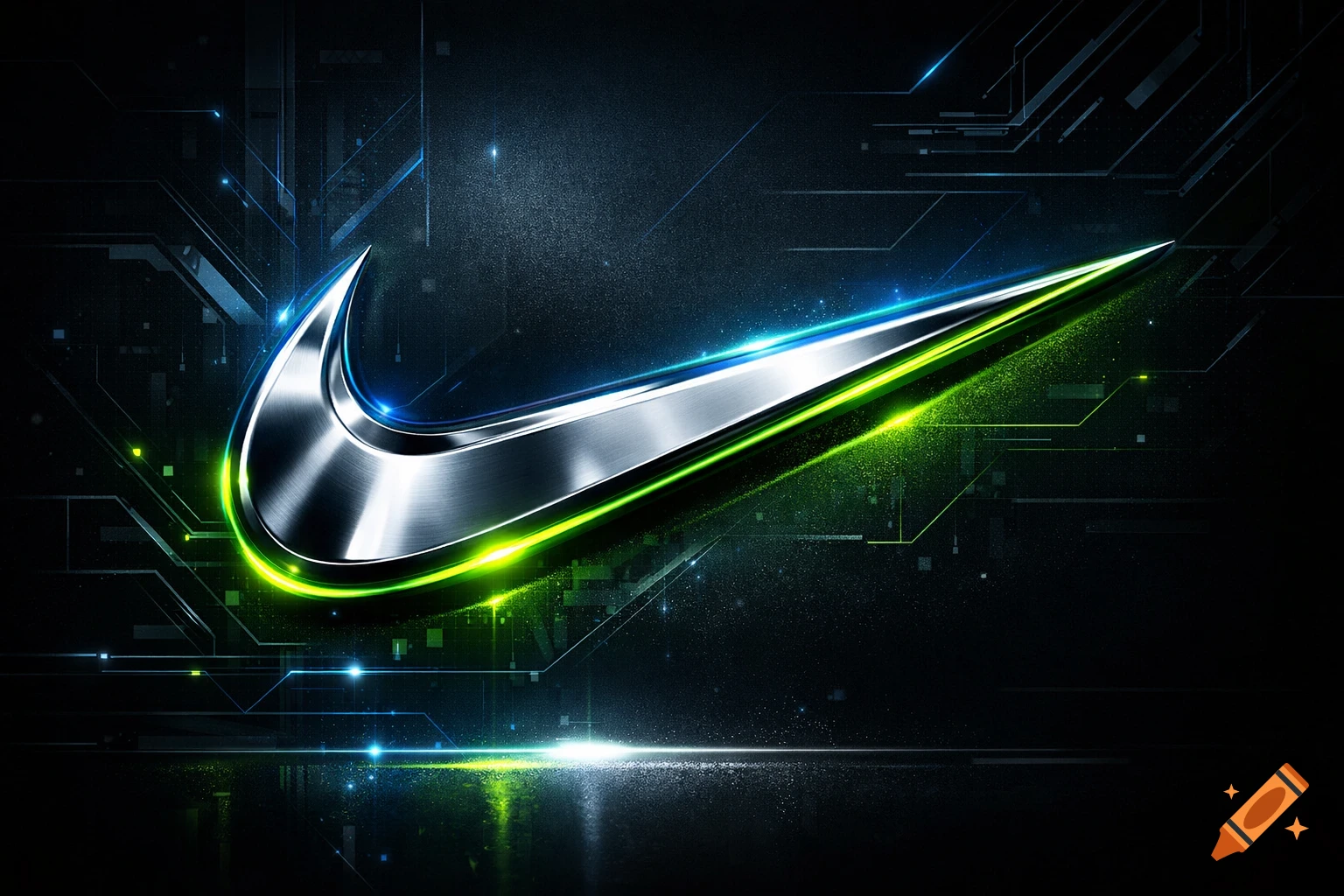 Metallic Nike swoosh with neon green and blue light trails on a dark, futuristic circuit board background.
