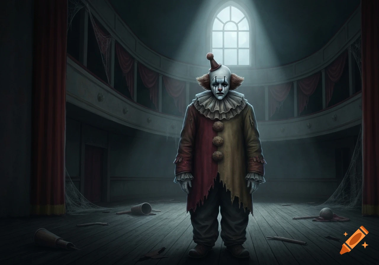 A sad, creepy clown in a ragged costume stands in a dark, abandoned Victorian theater painting.