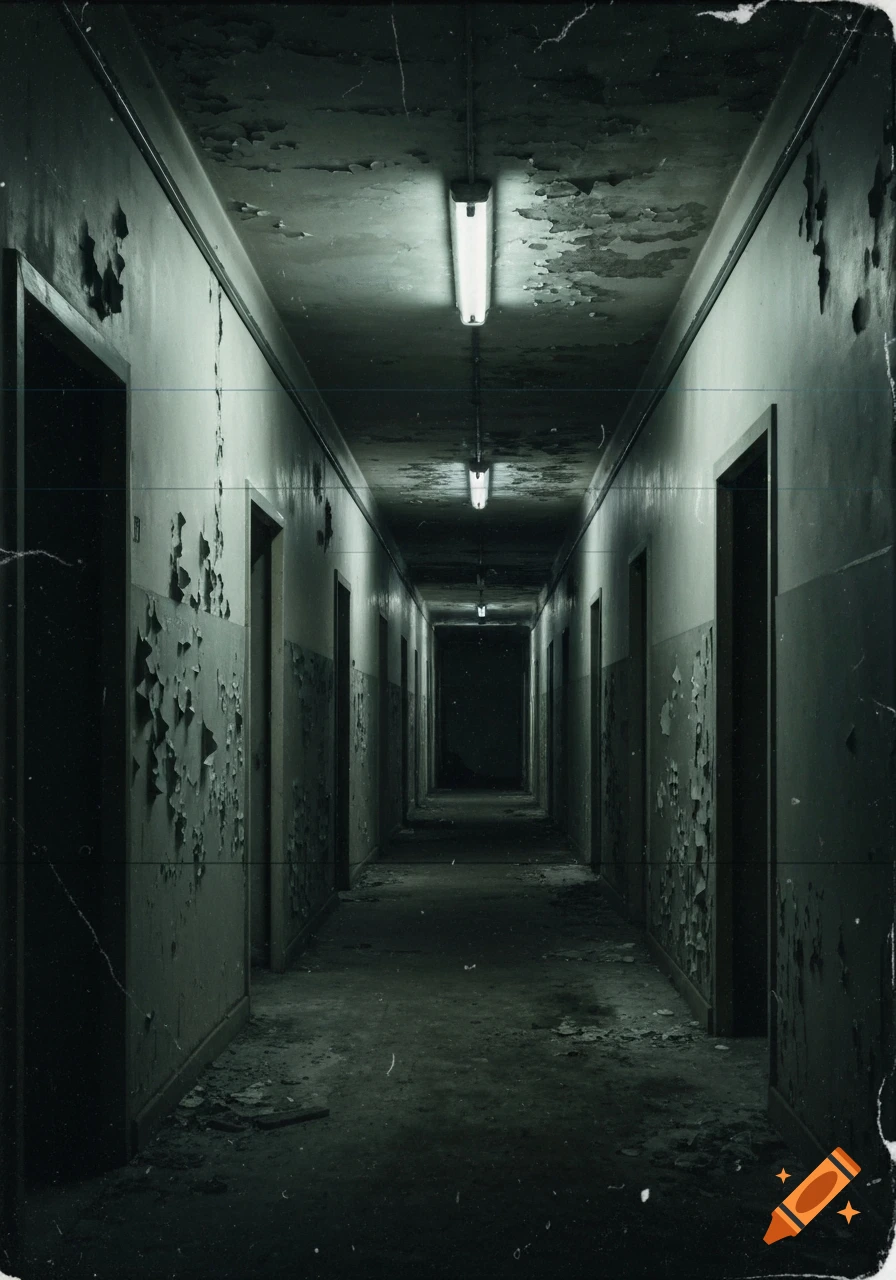 A long, dark, abandoned hallway with peeling walls, illuminated by overhead fluorescent lights, presented with a grungy VHS aesthetic.