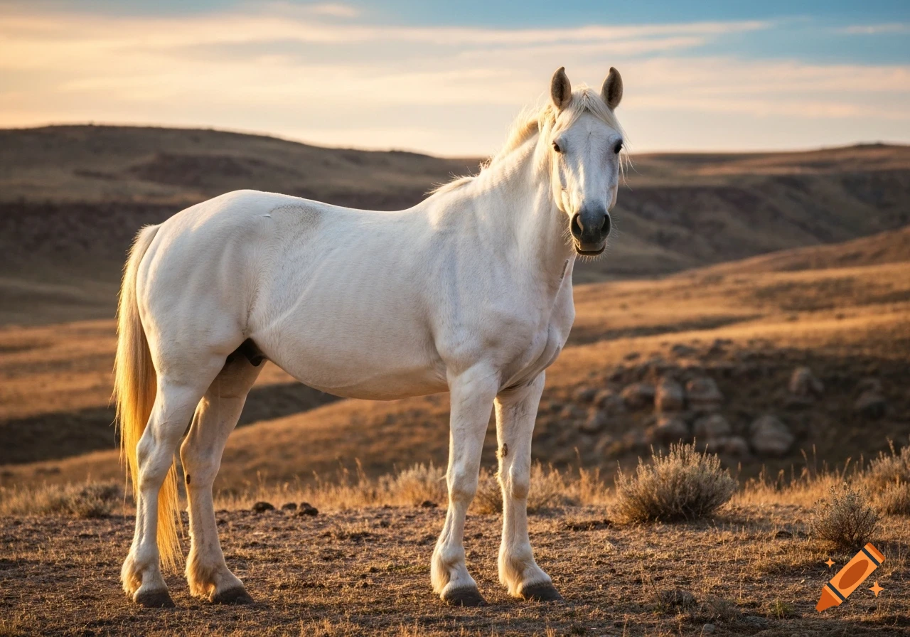 A white horse stands in a golden, hilly landscape at sunset, looking towards the viewer.