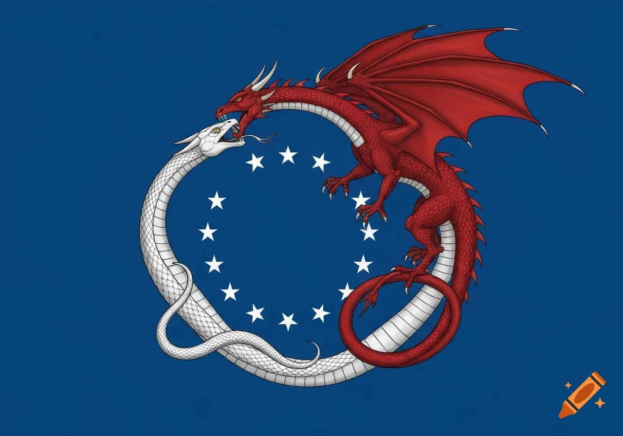 A rectangular deep blue flag features a red winged dragon and a white snake forming an Ouroboros, surrounded by 16 white stars.