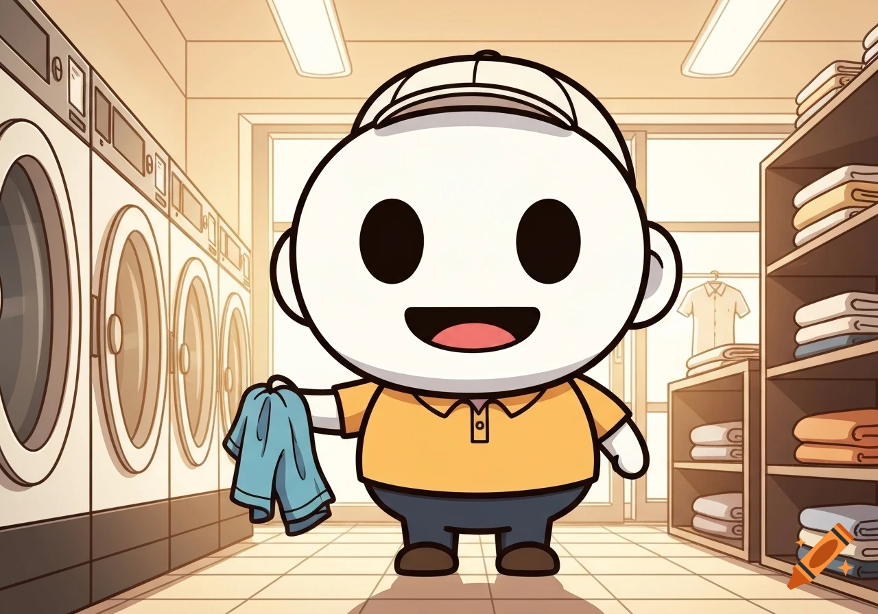 A round, white cartoon mascot in a cap and polo shirt holds a blue garment in a bright laundromat.