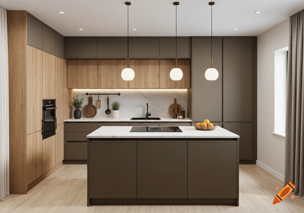 A modern kitchen featuring dark grey cabinets, light wood accents, a white island with an induction cooktop, and three pendant lights.