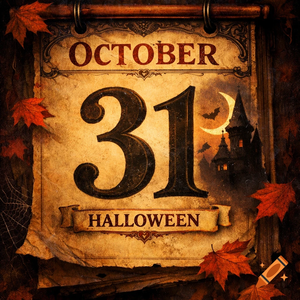 Vintage-style calendar page for October 31st, Halloween, with autumn leaves, bats, and a spooky castle under a crescent moon.