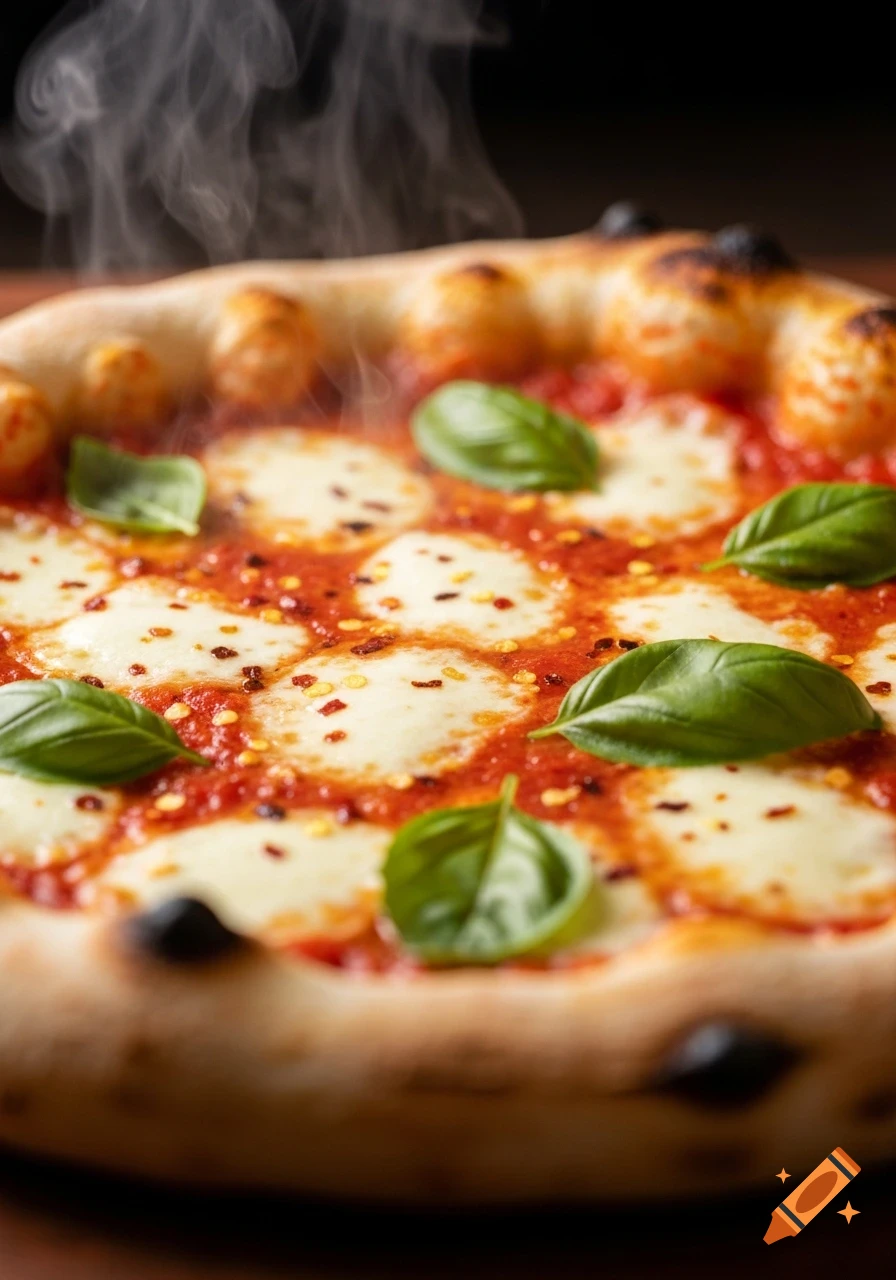 Close-up of a steaming Margherita pizza with melted mozzarella, red sauce, chili flakes, and fresh basil.