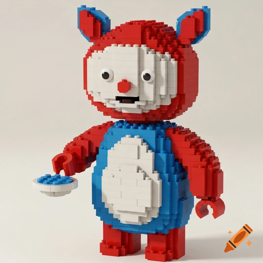 A red and blue Lego character resembling a round, whimsical creature with large eyes and a red nose, holding a small white and blue dish.