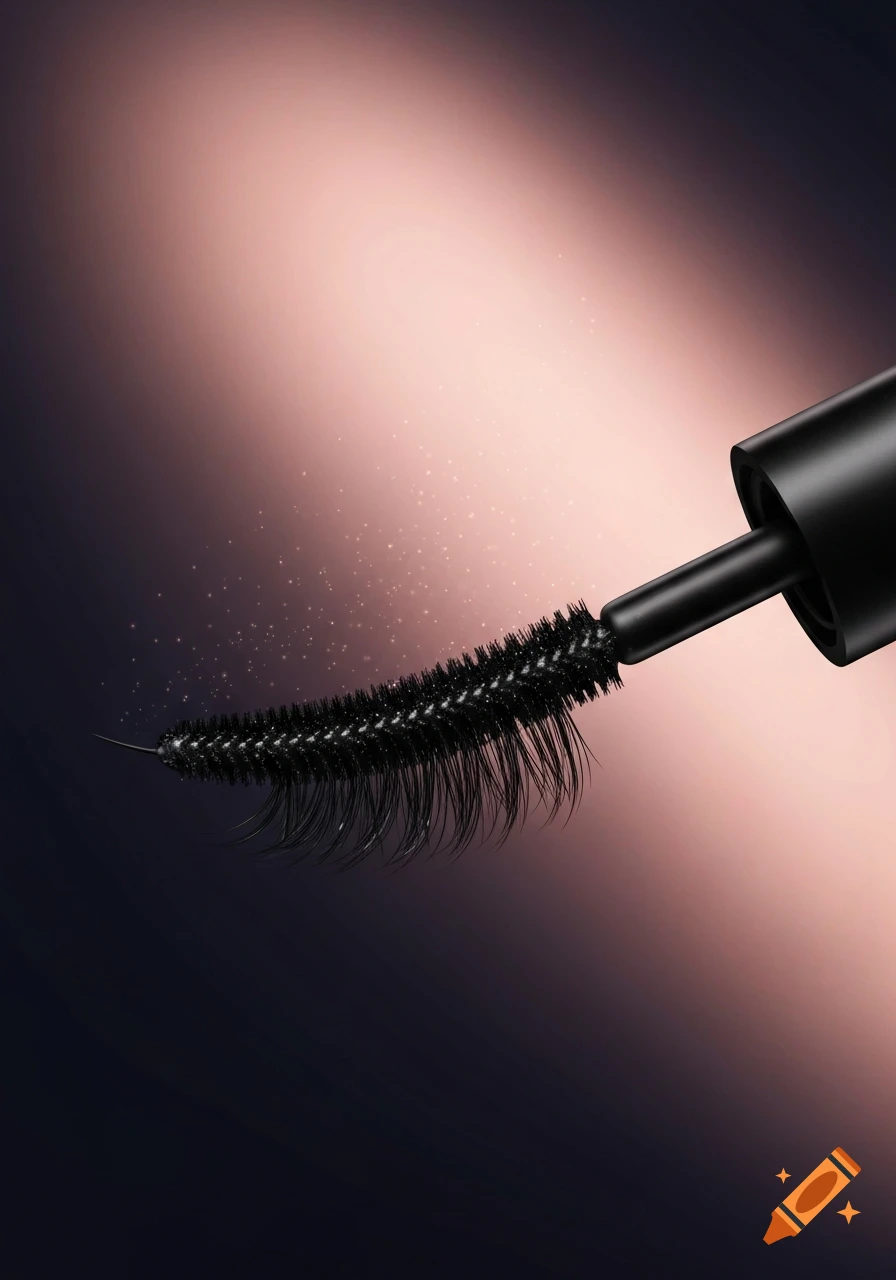 Close-up of a black mascara wand with bristles coated in product, against a gradient background of dark to soft pink light with sparkling particles.