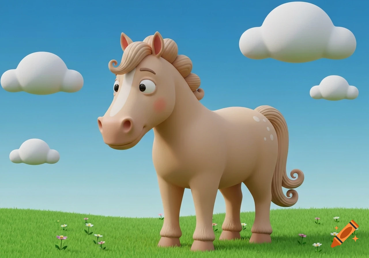 A cute 3D cartoon beige horse with a white blaze stands in a vibrant green field with tiny flowers under a blue sky with puffy white clouds.