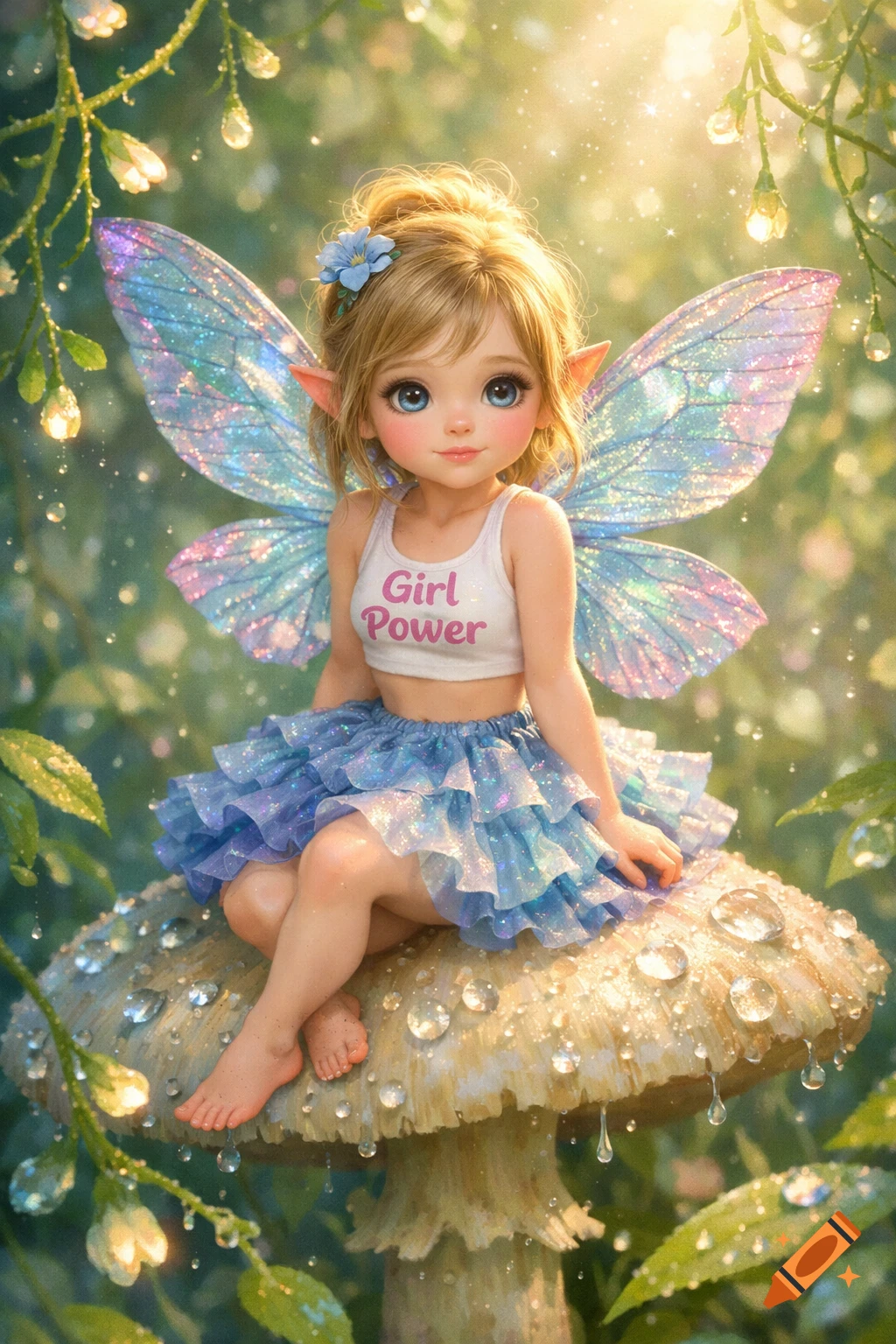 A cute blonde fairy with shimmering wings and a blue flower in her hair sits on a dewy mushroom in a magical forest. She wears a white crop top with 'Girl Power' written on it and a blue ruffled skirt. Digital art style.