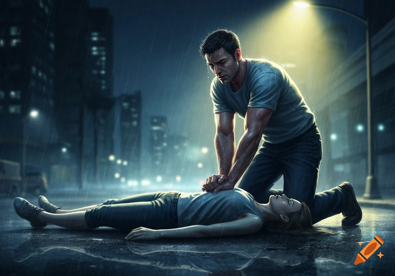 A man performs CPR on a woman lying on a wet city street in the rain at night, under a street light.