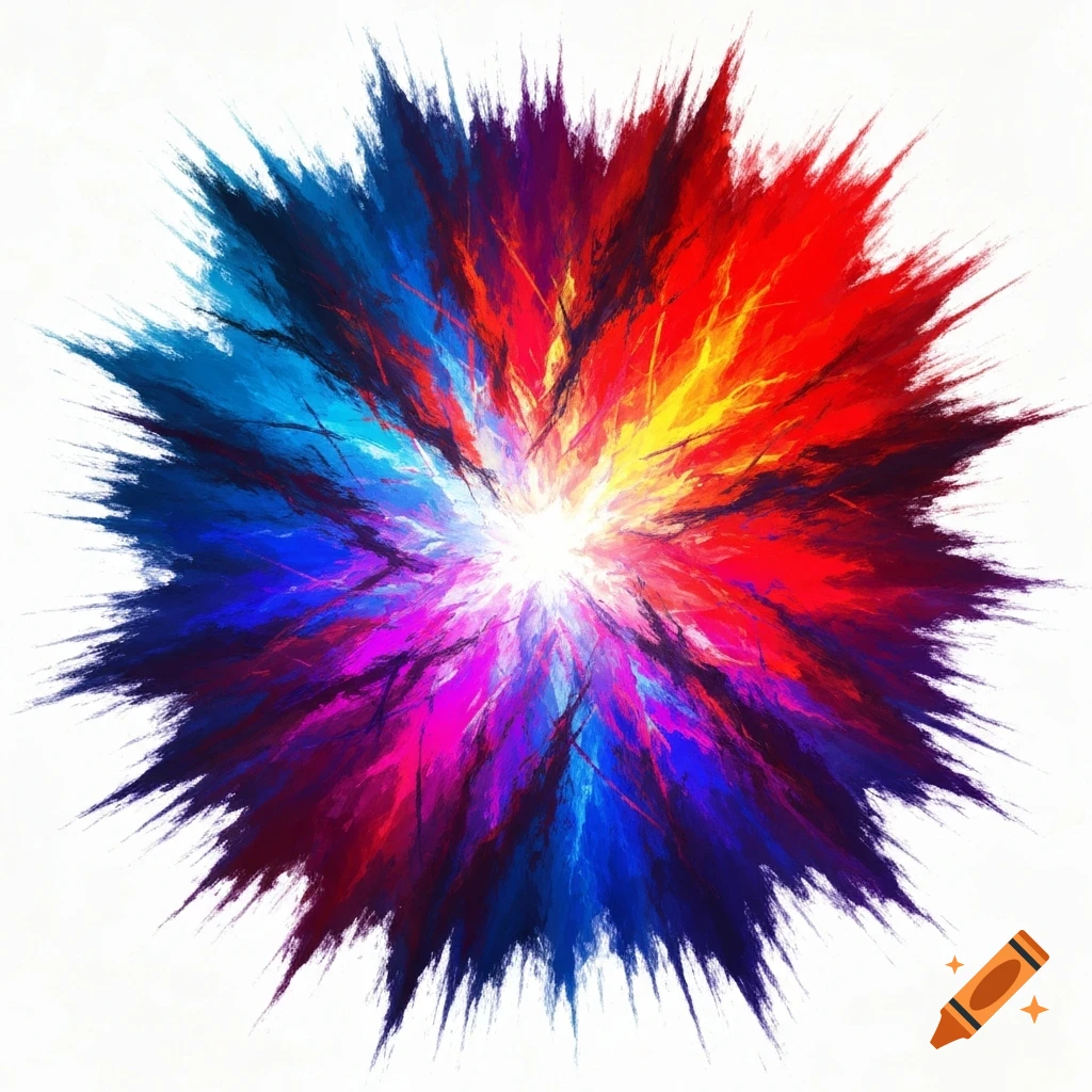 A vibrant, abstract explosion of red, blue, yellow, and purple paint splatters emanating from a bright white center.
