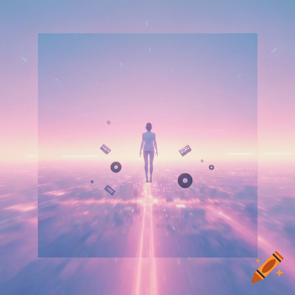 A lone, ethereal figure floats above a blurred, pastel pink and blue cityscape, surrounded by floating cassette tapes and vinyl records.