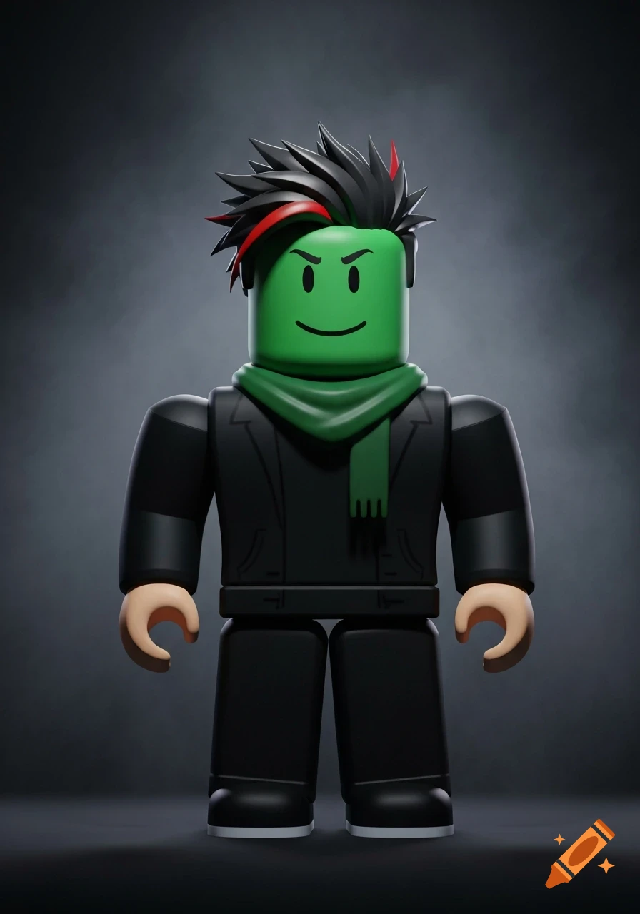 A 3D render of a Roblox avatar with a green head, black hair with a red streak, a black jacket, and a green scarf.