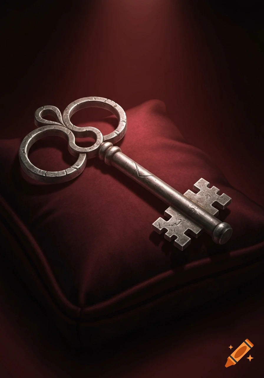 An old, ornate metal key with a decorative bow and intricate bit, resting on a plush dark red velvet cushion under dramatic lighting.