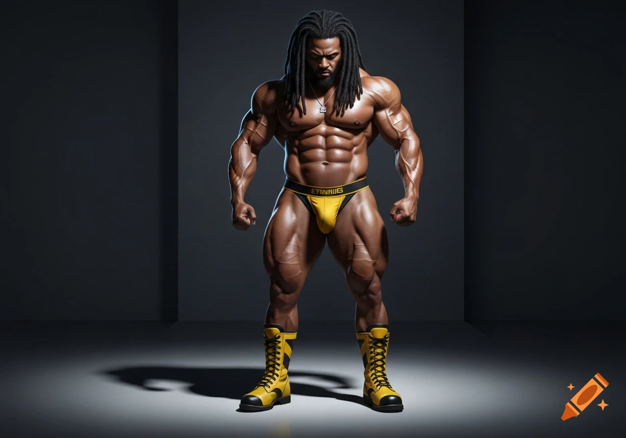 A muscular man with dreadlocks, wearing a yellow jockstrap and yellow and black boots, posing in a photorealistic style.