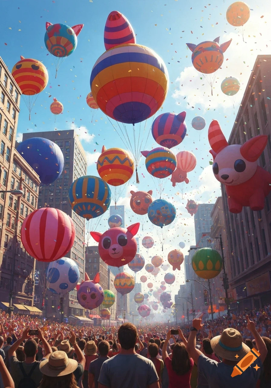 A vibrant parade in a city, with large, colorful, animal-shaped and patterned balloons floating above crowded streets and buildings.