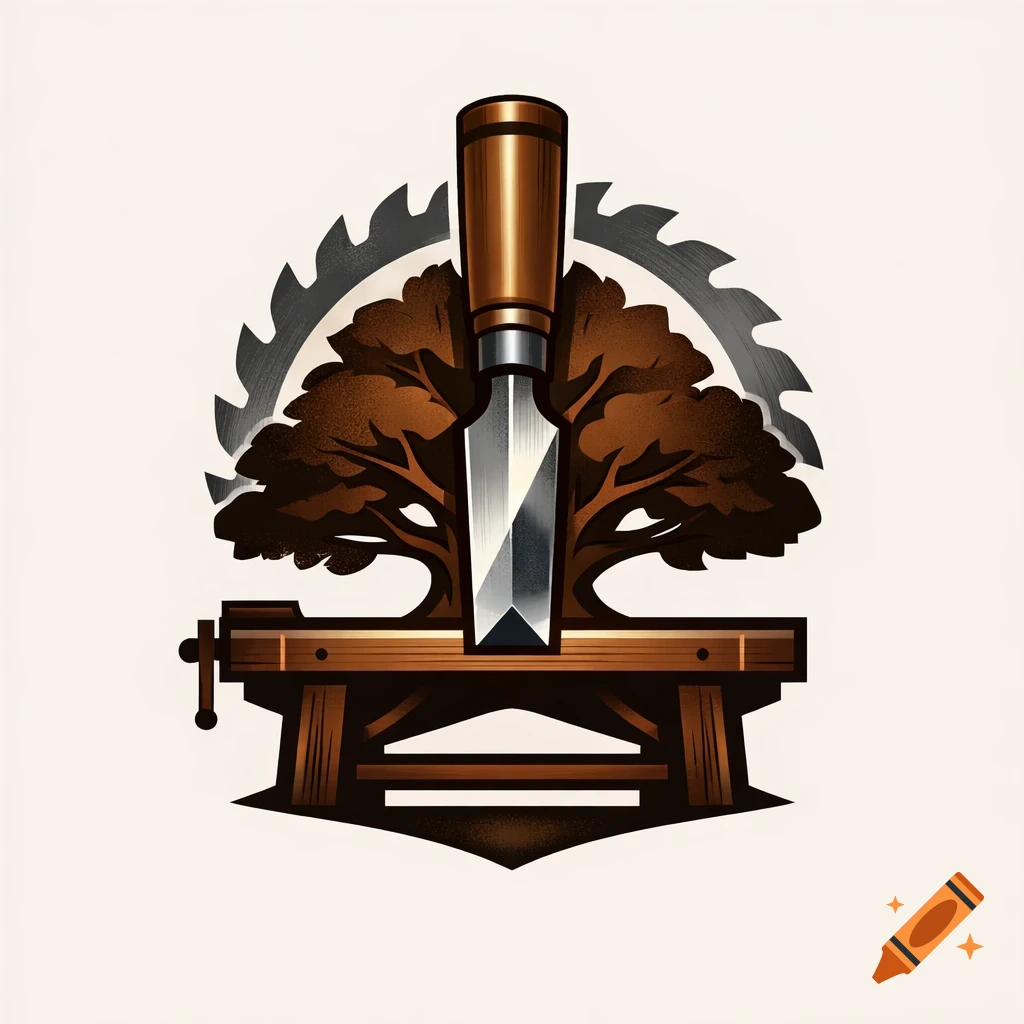 A stylized carpentry logo featuring a large chisel cutting into a detailed brown tree, a wooden workbench below, and a circular saw blade forming a halo behind it.