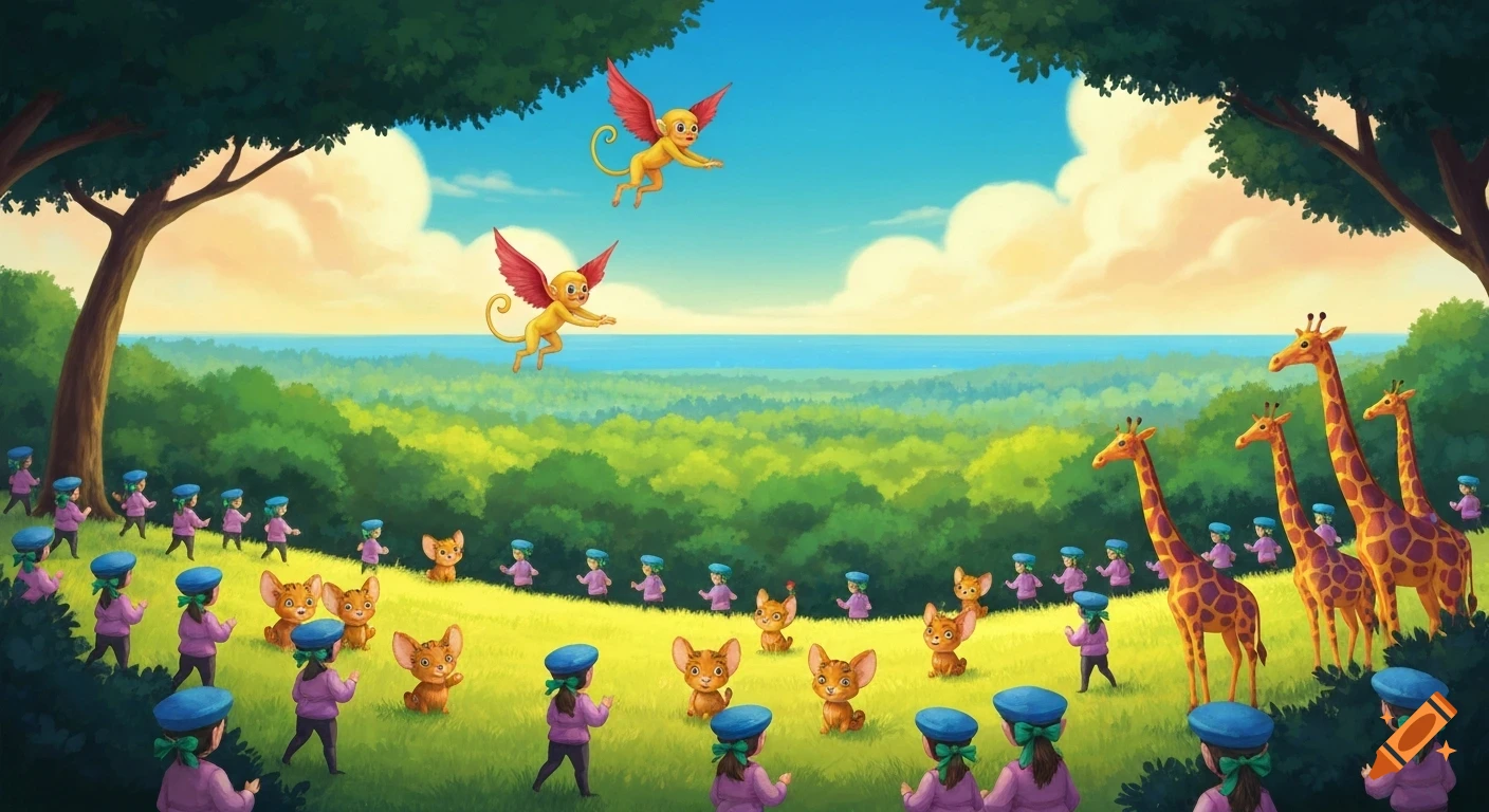 A vibrant storybook illustration of a magical park with flying yellow monkeys, tiny tiger-like creatures, giraffes, and elves.